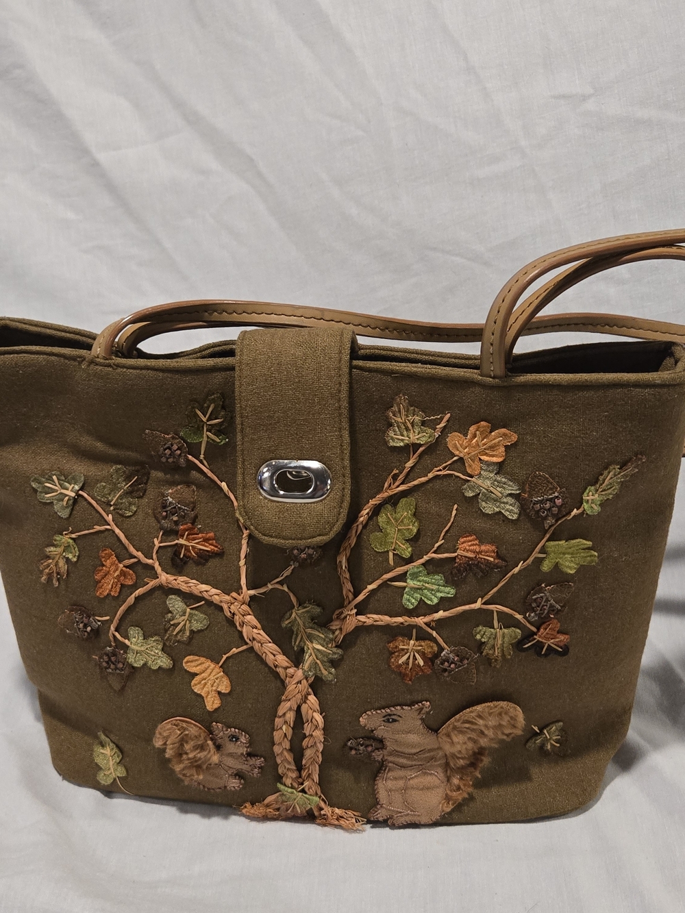 Cappelli Straworld Olive Brown Embroidered Tree & Squirrel Shoulder Bag Vintage